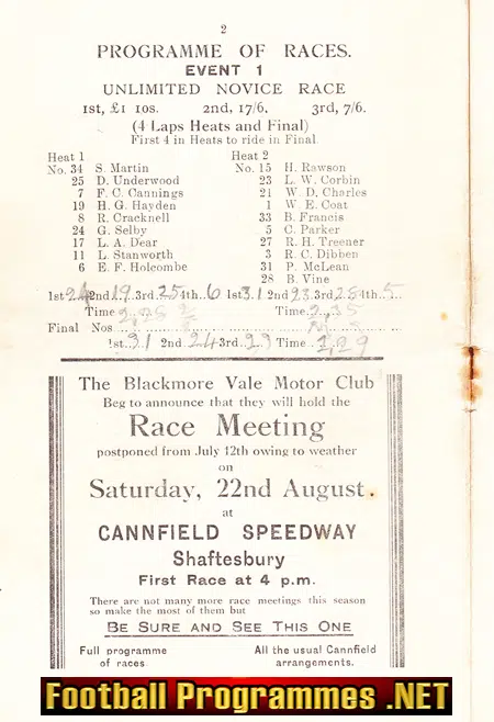 Salisbury Speedway Race Meeting 1936 - 1930s Speedway Programme