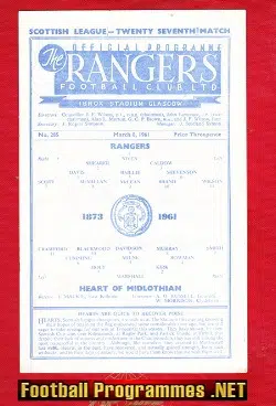 Glasgow Rangers v Heart Of Midlothian Hearts 1961
