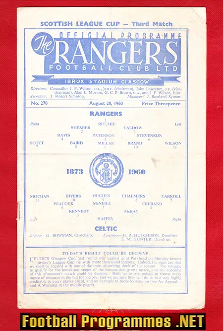 Glasgow Rangers v Glasgow Celtic 1960 - 1960s Programme