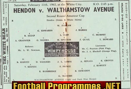 Hendon v Walthamstow Avenue 1961 - 2nd Round Amateur Cup