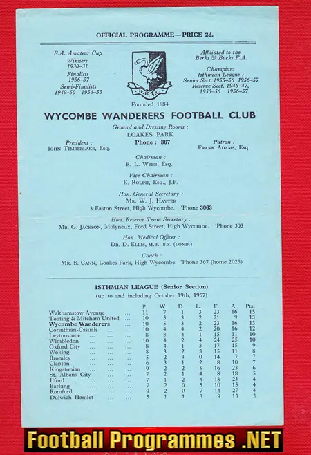 Wycombe Wanderers v Walthamstow Avenue 1957 – Reserves Match