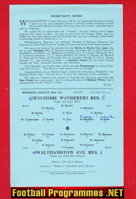 Wycombe Wanderers v Walthamstow Avenue 1957 - Reserves Match