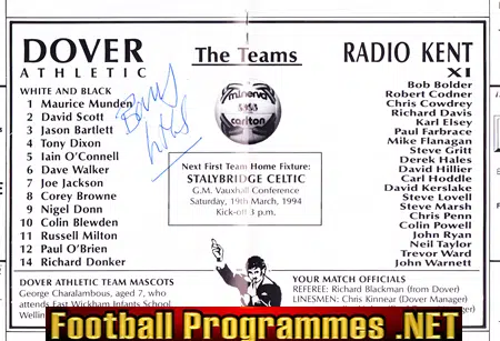 Barry Little Testimonial Benefit Match Dover Athletic 94 Signed