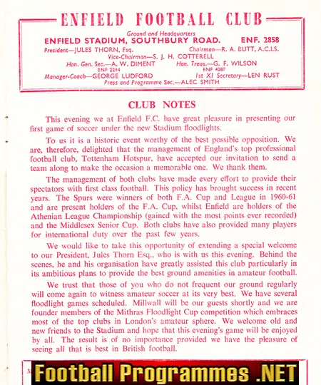 Enfield v Tottenham 1962 - First Match New Floodlights Souvenir