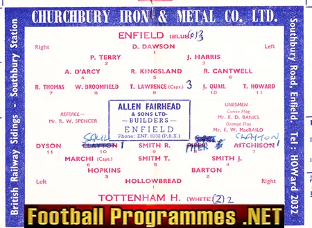 Enfield v Tottenham 1962 - First Match New Floodlights Souvenir
