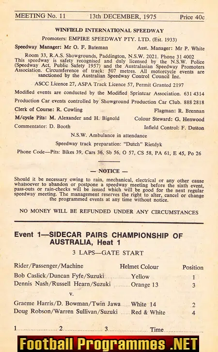 Australia Winfield Speedway Programme 1975