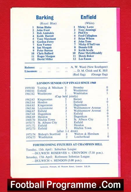 Barking v Enfield 1976 - London Senior Cup Final