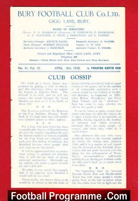 Bury v Preston 1938 – 1930s Genuine Programme