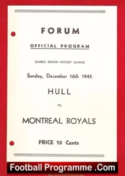 Canada Montreal Royals v Hull 1945 - Quebec Senior Ice Hockey - sport programme
