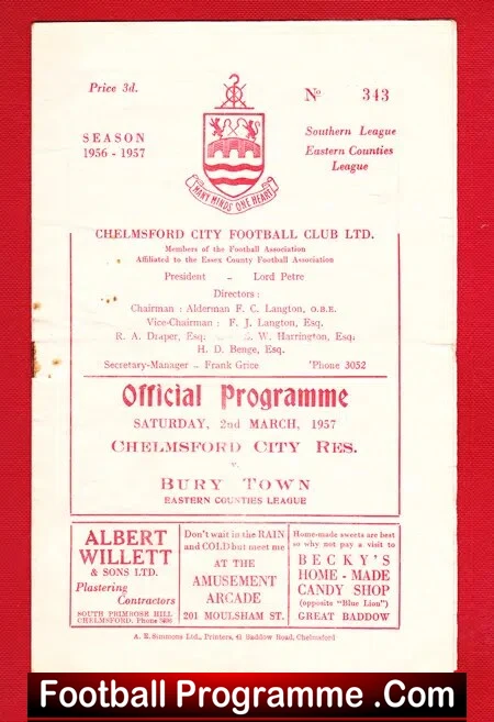 Chelmsford City v Bury 1957 – Reserves Game