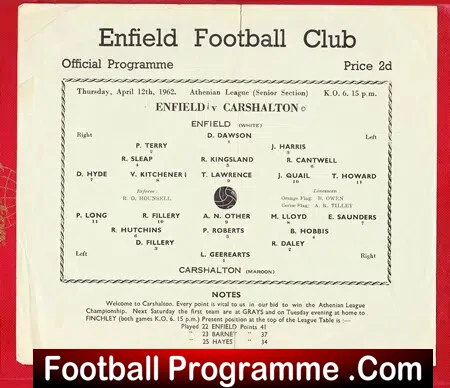 Enfield v Carshalton Athletic 1962 – Single Sheet Programme