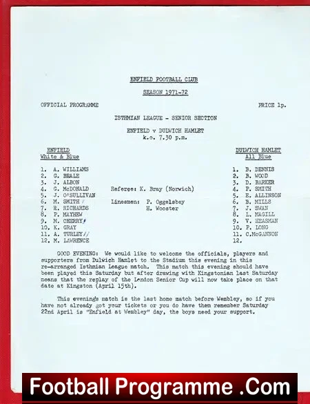 Enfield v Dulwich Hamlet 1971 – Single Sheet