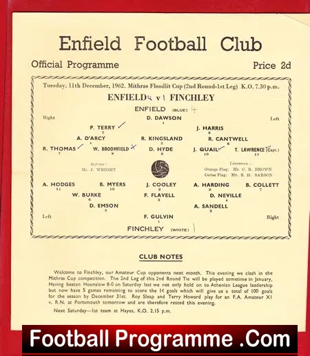 Enfield v Finchley 1962 – Single Sheet Programme