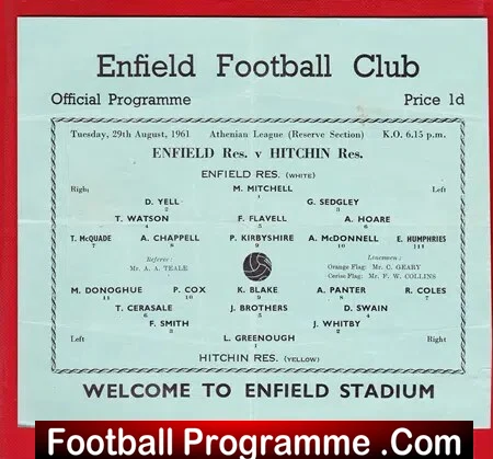 Enfield v Hitchin Town 1961 – Single Sheet Reserves