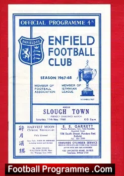 Enfield v Slough Town 1968 - Friendly Game - football programme