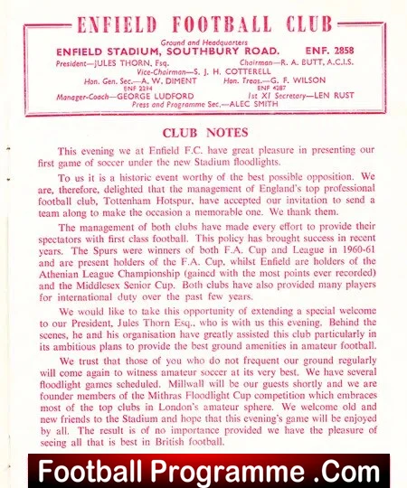 Enfield v Tottenham 1962 - First Match New Floodlights Souvenir