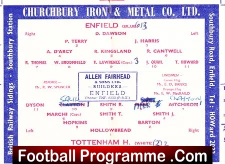 Enfield v Tottenham 1962 - First Match New Floodlights Souvenir