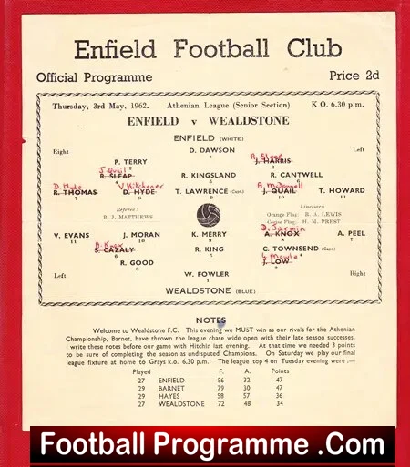 Enfield v Wealdstone 1962 – Single Sheet Programme