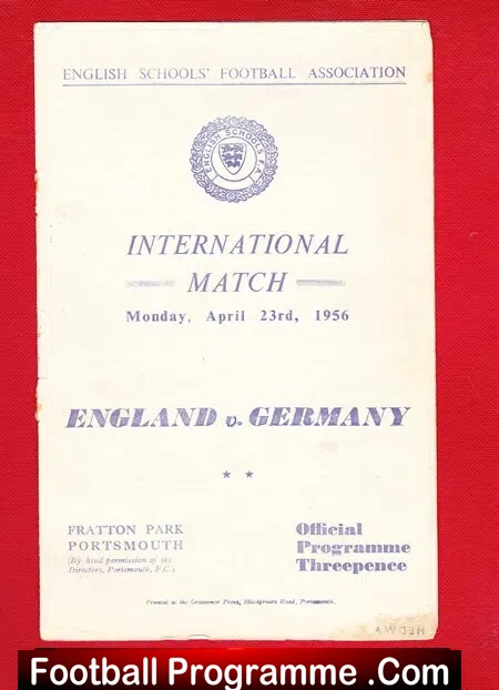 England v Germany 1956 – Schoolboys Match Boys Portsmouth