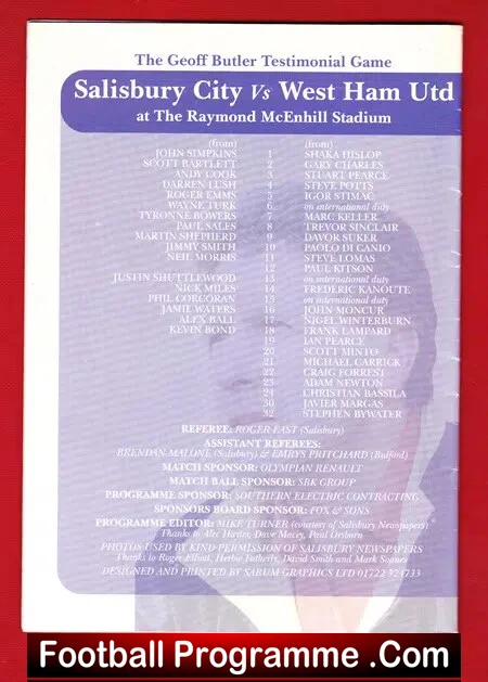 Geoff Butler Testimonial Benefit Match Salisbury City - SIGNED