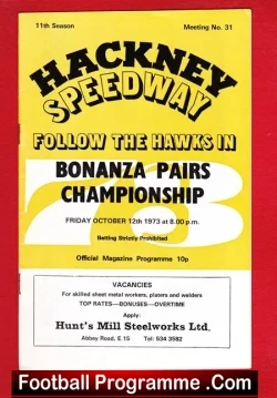 Hackney Speedway - Bonanza Pairs Championship 1973 - speedway programme
