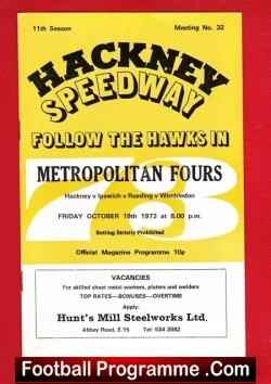 Hackney Speedway v Ipswich 1973 - plus Reading - Wimbledon - speedway programme