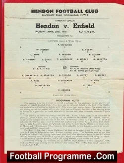 Hendon v Enfield 1958 - Single Sheet 1950s - football programme