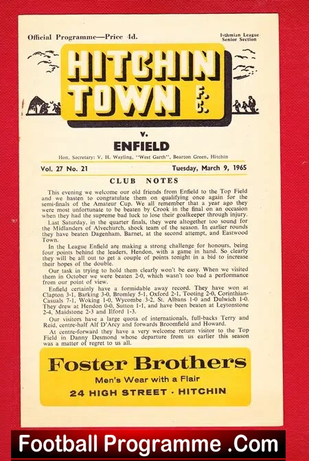 Hitchin Town v Enfield 1965