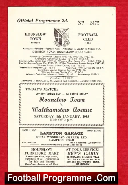 Hounslow Town v Walthamstow Avenue 1955 – Senior Cup Replay