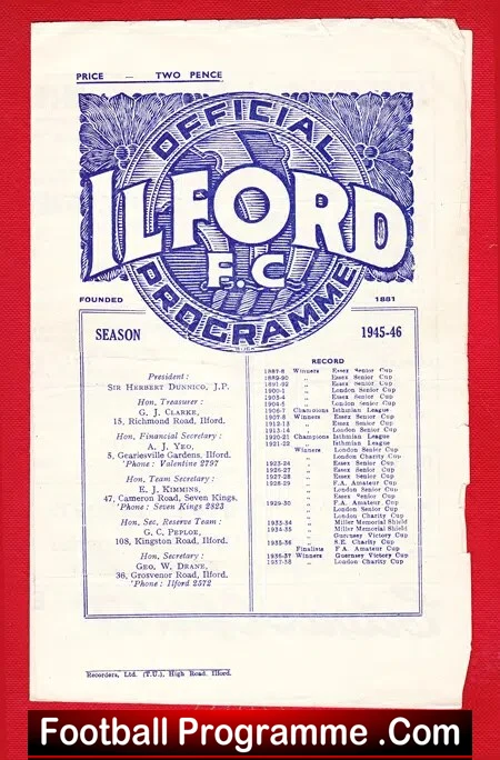 Ilford v Walthamstow Avenue 1945 – 1940s Programme