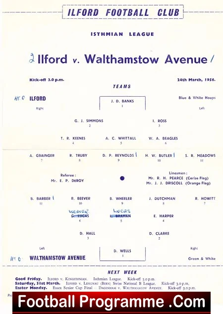 Ilford v Walthamstow Avenue 1956 – Single Sheet Issue