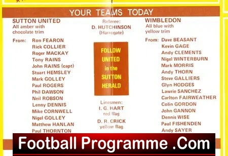 John Rains Testimonial Benefit Match Sutton United 1986 Signed