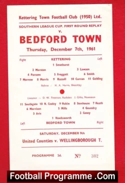 Kettering Town v Bedford Town 1961 - LC Replay - football programme