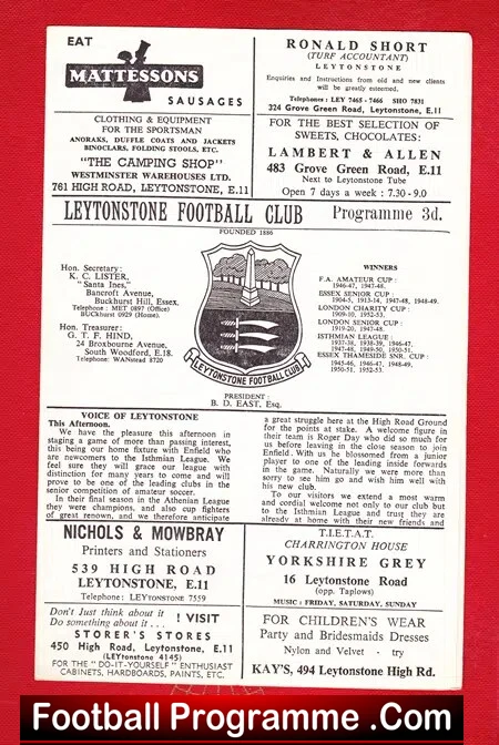 Leytonstone v Enfield 1962 – Unsure of date