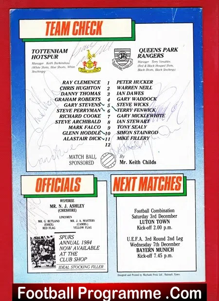Queens Park Rangers v Tottenham 1983 - Multi Autographed