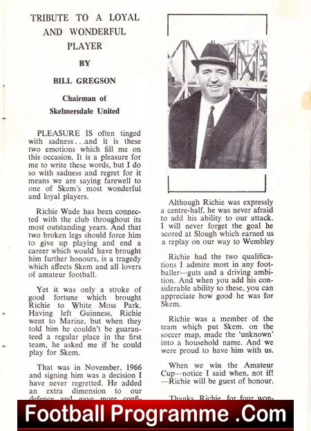 Richie Wade Testimonial Benefit Match Skelmersdale United 1969