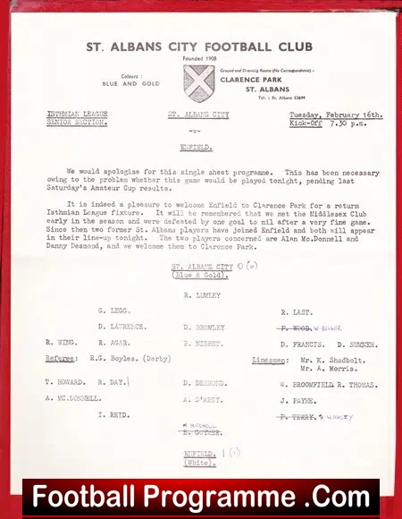 St Albans City v Enfield 1964 – Single Sheet