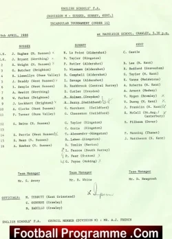 Sussex - Surrey - Kent 1988 - Schoolboys U14 Crawley - football programme