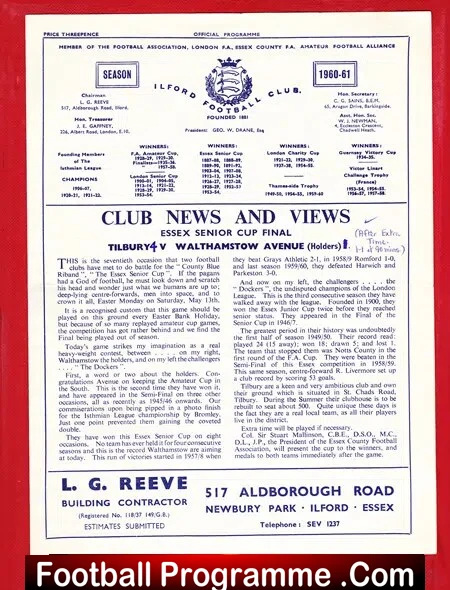Tilbury v Walthamstow Avenue 1961 – Essex Senior Cup Final