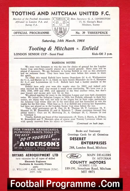 Tooting Mitcham v Enfield 1964 – London Senior Cup Semi Final