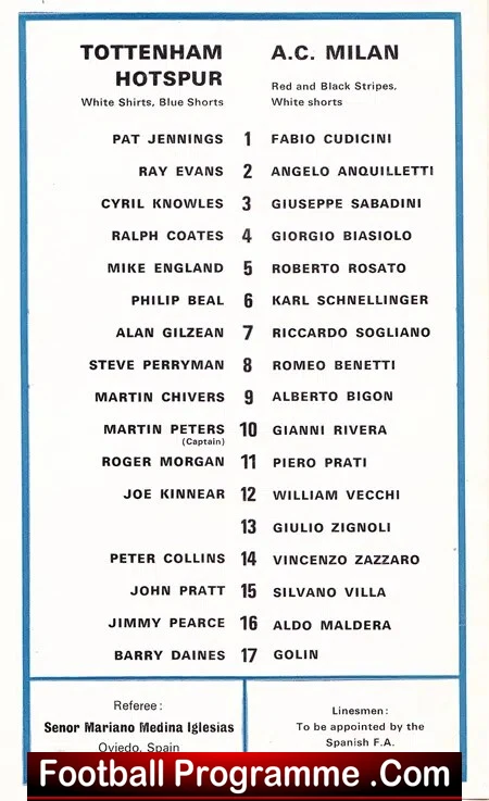 Tottenham Hotspur v AC Milan 1972 - UEFA Cup Semi Final