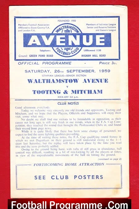 Walthamstow Avenue v Tooting Mitcham 1959