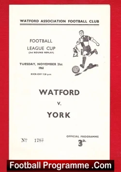 Watford v York City 1961 - League Cup Replay - football programme