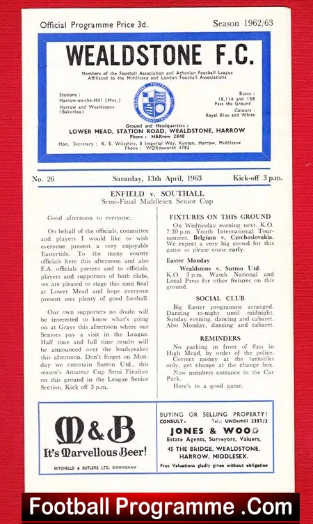 Wealdstone v Enfield 1963 – Middlesex Senior Cup Semi Final
