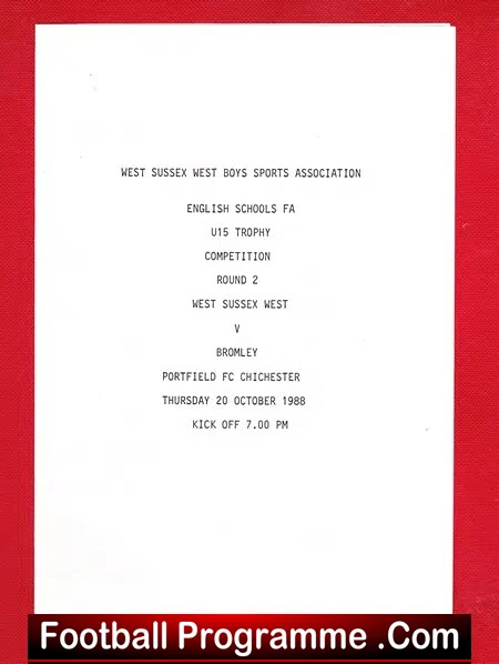 West Sussex v Bromley 1988 – U15 Schoolboys Trophy Chichester FC