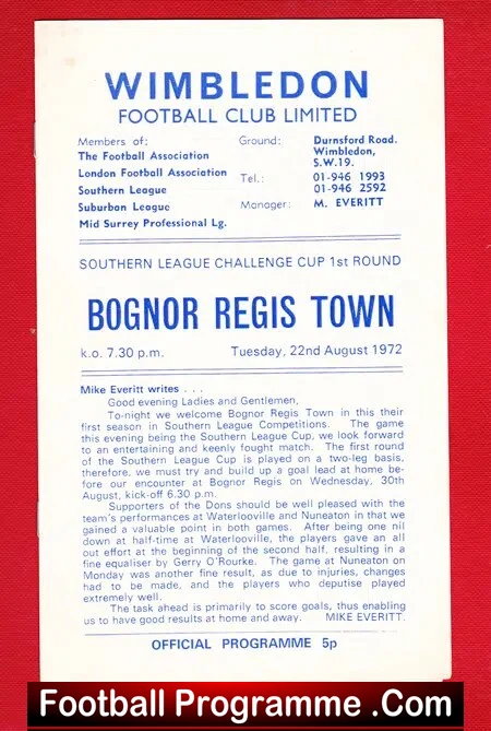 Wimbledon v Bognor Regis Town 1972 – Southern League Cup
