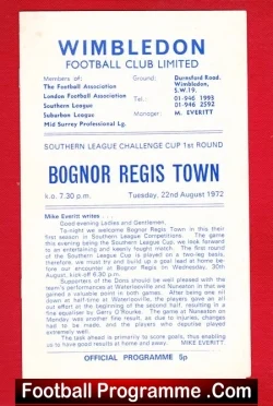 Wimbledon v Bognor Regis Town 1972 - Southern League Cup - football programme