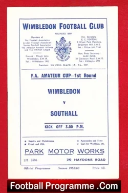 Wimbledon v Southall 1963 - FA Amateur Cup - football programme