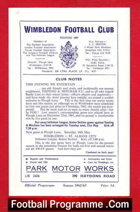 Wimbledon v Tooting Mitcham 1963