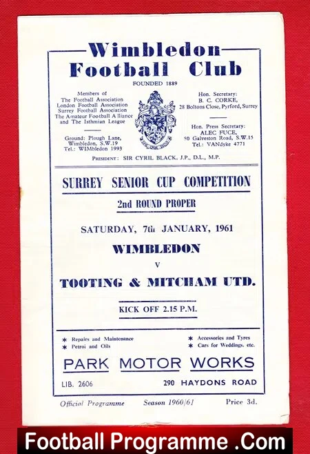 Wimbledon v Tooting Mitcham United 1961 – Surrey Senior Cup